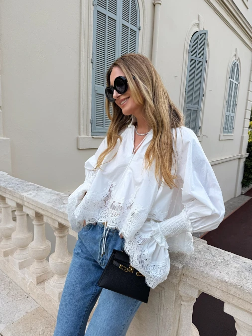 Lace Trim White Blouse and Denim Jeans Outfit