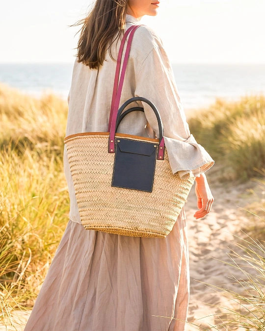 Leather Trim Straw Shoulder Tote