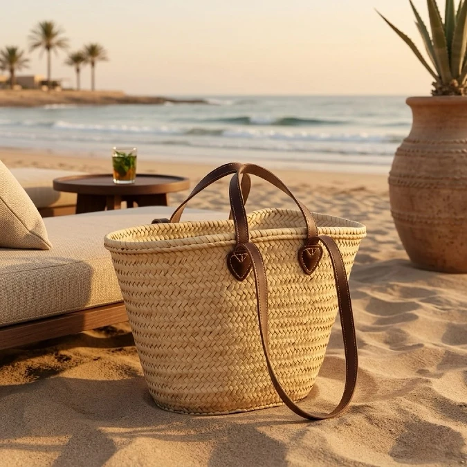Classic Leather Handle Straw Basket