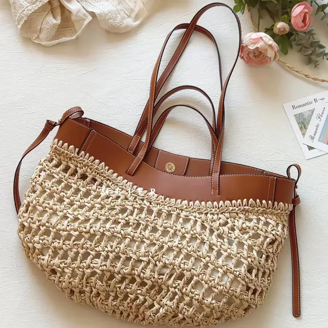 Open Weave Leather Trim Tote