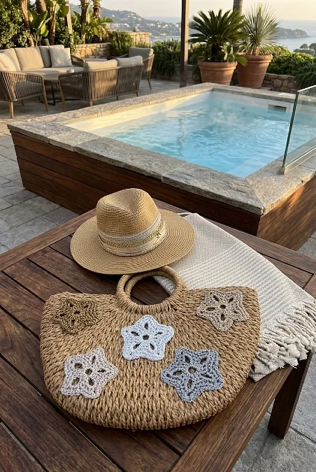 Floral Applique Straw Pool Tote