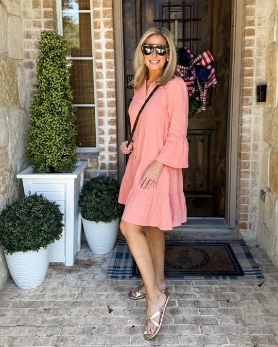 Blush Linen Shift Dress with Gold Sandals