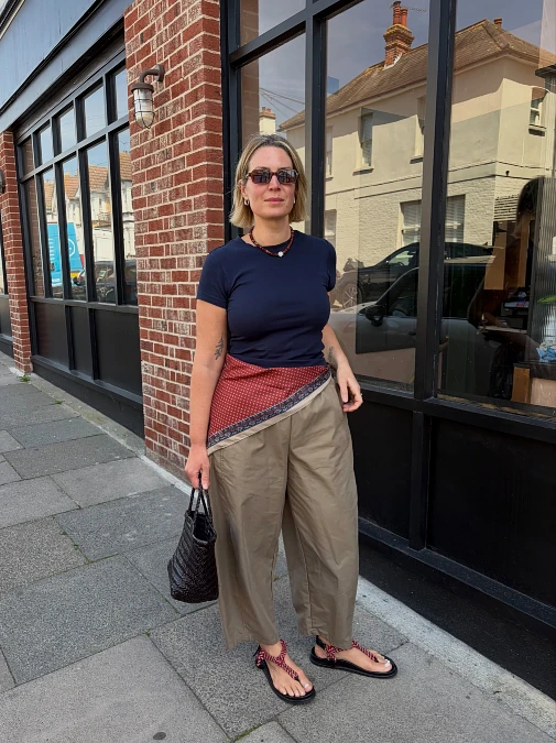Navy Tee with Wide Leg Khaki Trousers