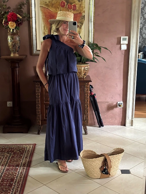 Navy One Shoulder Maxi Dress with Straw Accessories