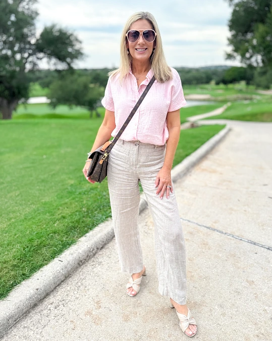 Pink Linen Shirt with Beige Wide Leg Pants