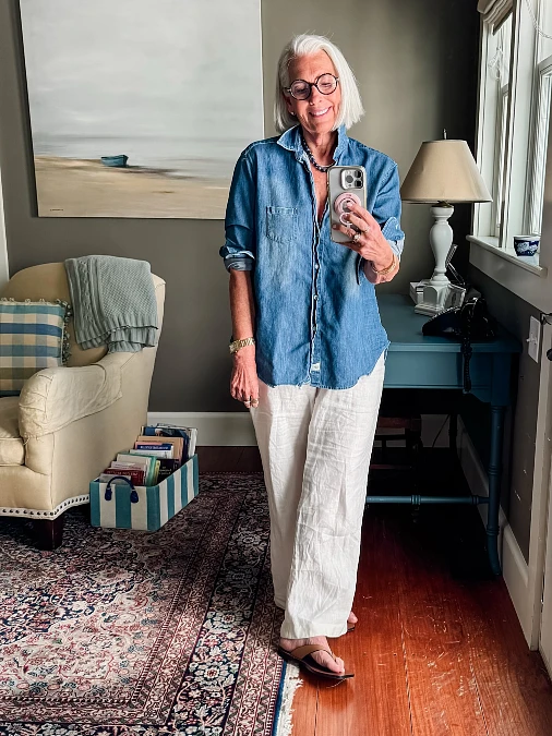 Denim Shirt with White Linen Wide Leg Pants