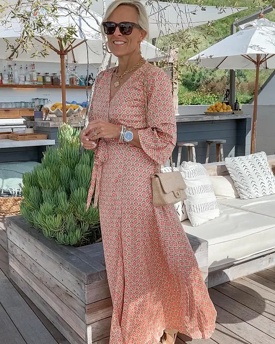 Printed Maxi Dress with Gold Jewelry