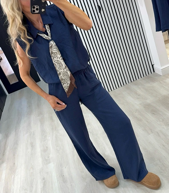 Navy Sleeveless Set with Silk Scarf