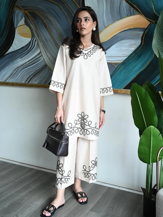 Minimalist Cream Co-ord Set with Black Loop Embroidery