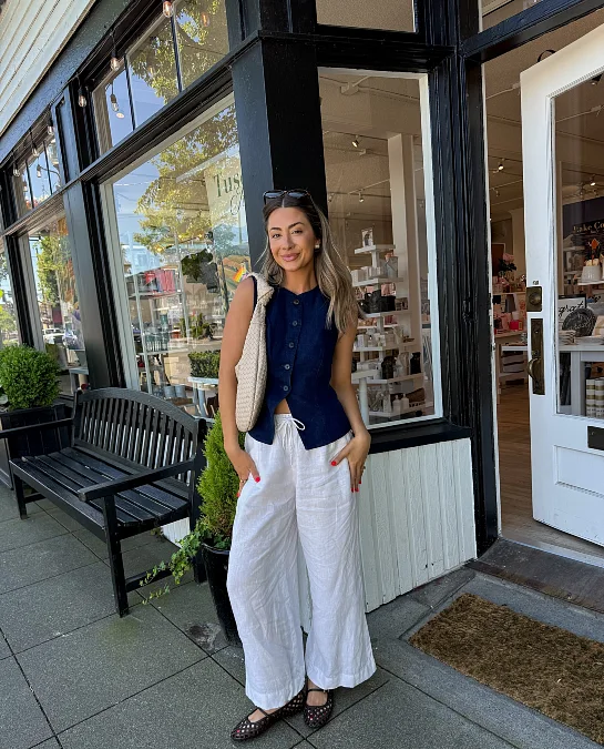 Navy Vest With White Linen Wide Leg Pants