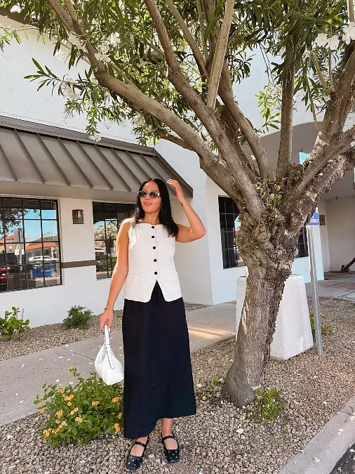 White Button Vest With Black Midi Skirt