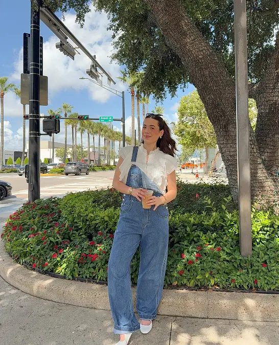 Denim Overalls With White Ruffle Blouse