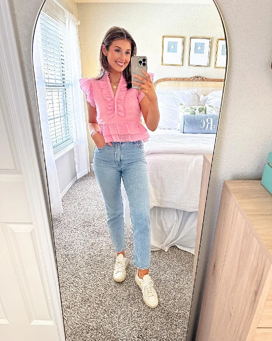 Ruffled Peplum Blouse and Light Wash Jeans