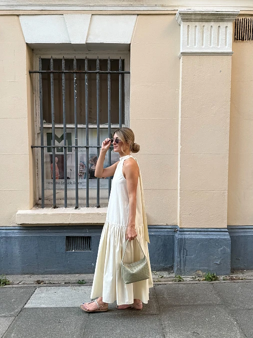 Cream Halter Midi Dress With Minimal Sandals