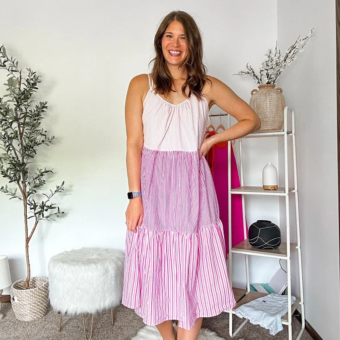 Pink Striped Tiered Midi Dress
