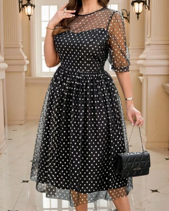 Black Sheer Overlay Midi Dress With Metallic Details
