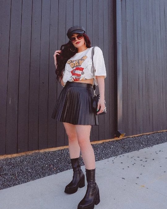 Graphic Tee and Pleated Leather Mini Skirt