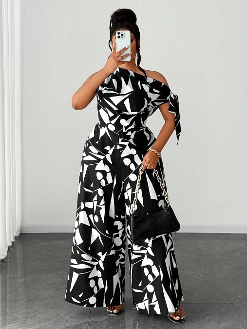 Black And White Geometric Wide Leg Jumpsuit