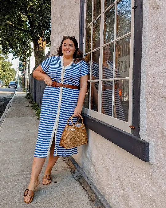 Blue And White Striped Button Front Dress