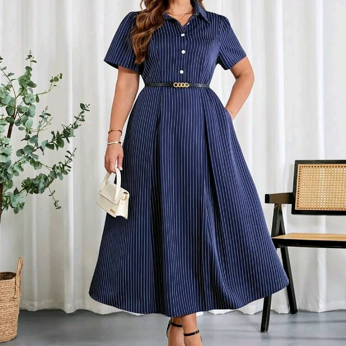 Navy Blue Pinstripe Midi Dress