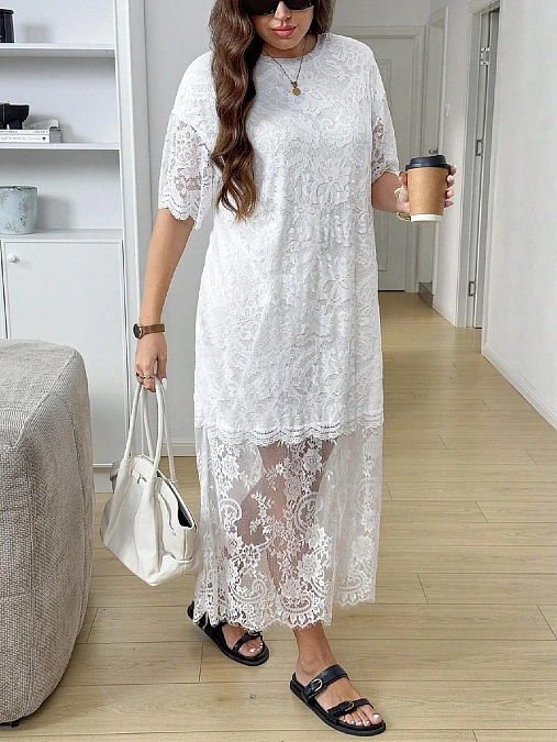 Long White Floral Lace Dress