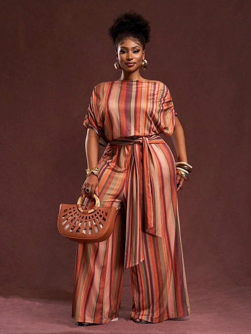  Earth Tone Striped Wide Leg Jumpsuit