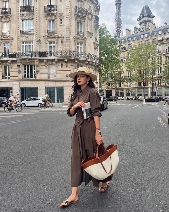 Monochromatic Earthy Shirtdress and Straw Accessories