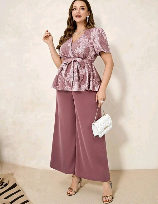 Mauve Floral Peplum Top And Wide Leg Trousers