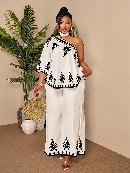 White And Black Embroidered One Shoulder Set