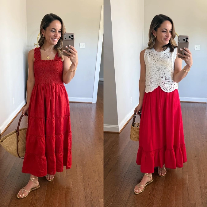Red Tiered Dress and Crochet Top