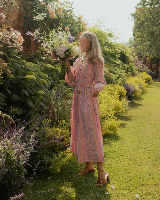 Striped Pastel Maxi Dress with Block Heel Mules