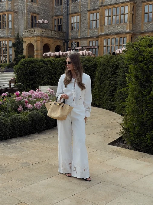 Embroidered Linen Co-ord and Straw Handbag