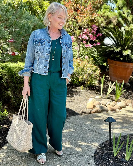 Teal Wide Leg Jumpsuit With Denim Jacket