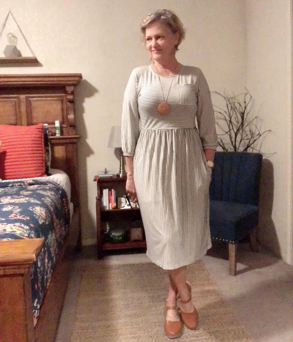 Striped Midi Dress With Tan Shoes