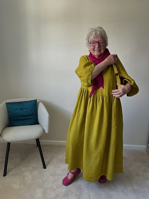 Chartreuse Smock Dress With Pink Scarf