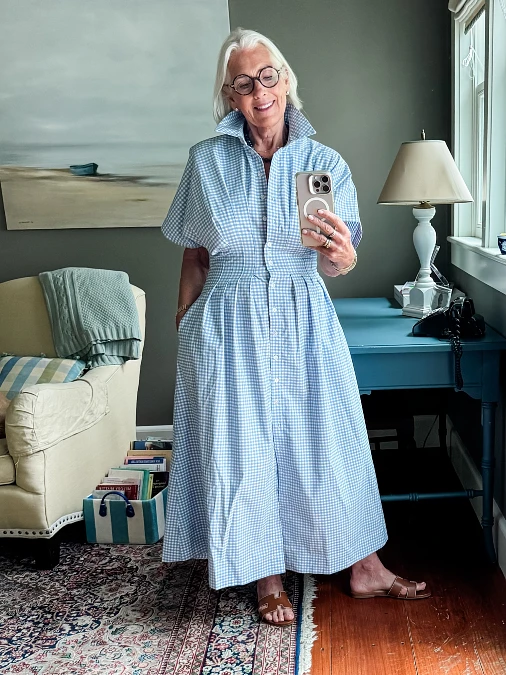 Blue Gingham Shirt Dress With Tan Slides