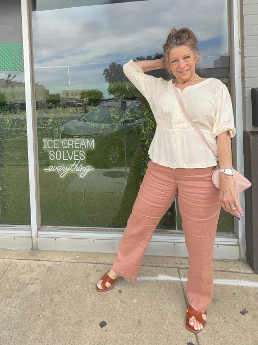 Cream Embroidered Blouse With Peach Pants