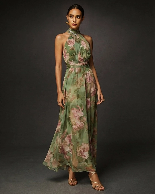 Elegant Sage Green Floral Halter Maxi Dress