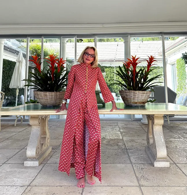 Bold Red Geometric Print Maxi Coat and Trousers Set
