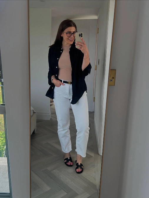 Open Linen Shirt and White Straight Leg Pants