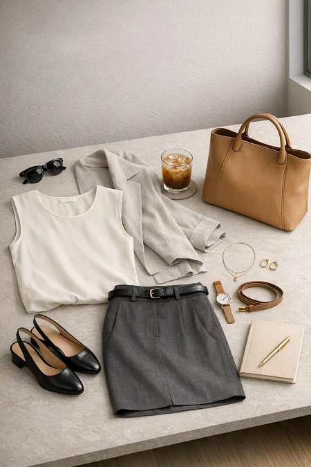 Sleeveless Shell Top and Tailored Skirt
