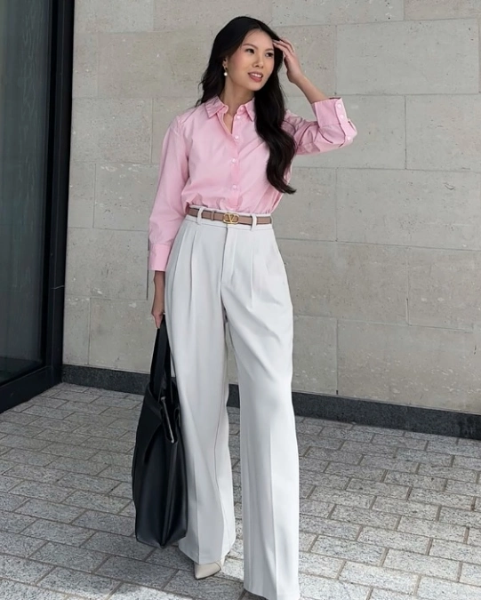 Pastel Button Down and Pleated Wide Leg Trousers