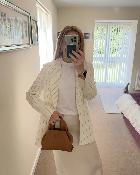 Pinstripe Blazer and Satin Midi Skirt