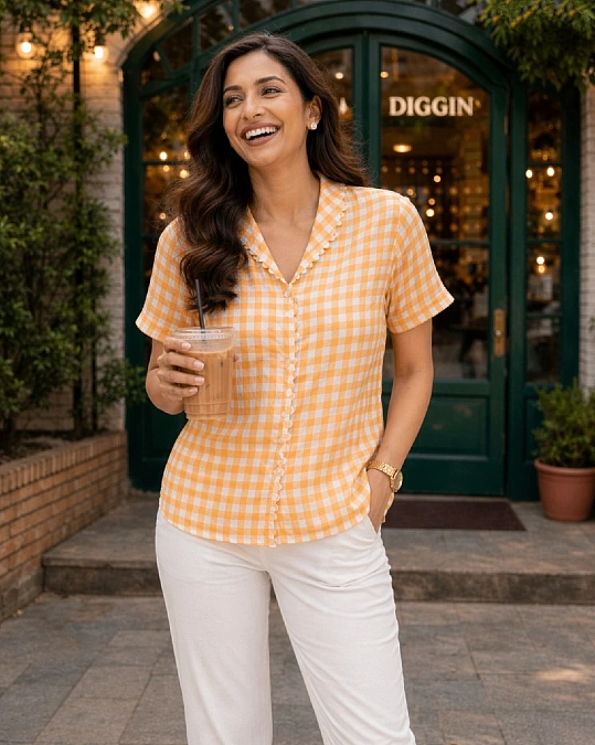 Gingham Short Sleeve Blouse and White Trousers