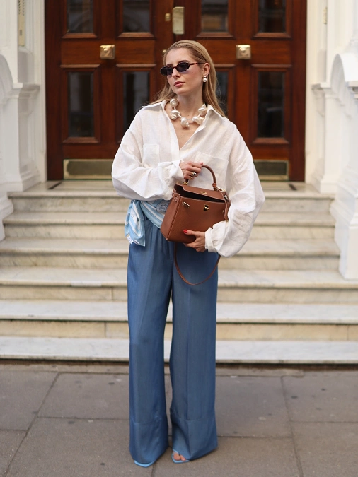 White Linen Shirt With Blue Wide Leg Pants