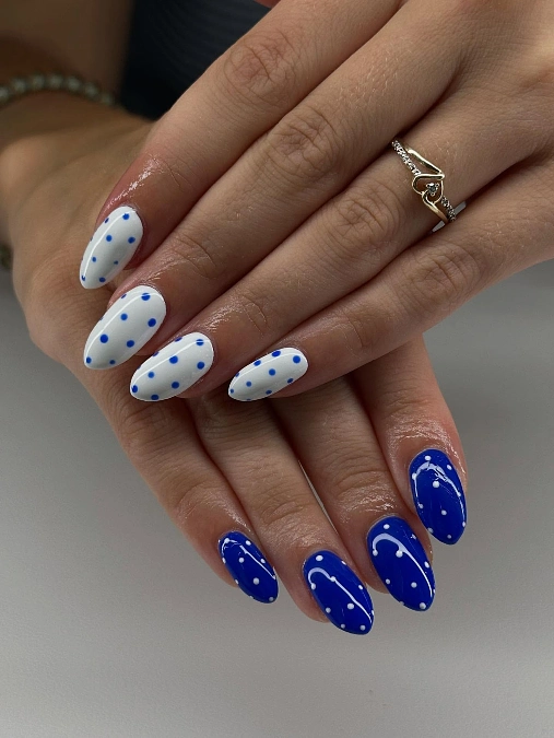 Blue and White Polka Dot Nails