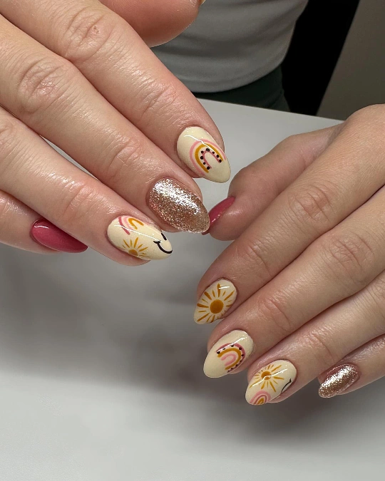 Cream Rainbow and Gold Glitter Nails