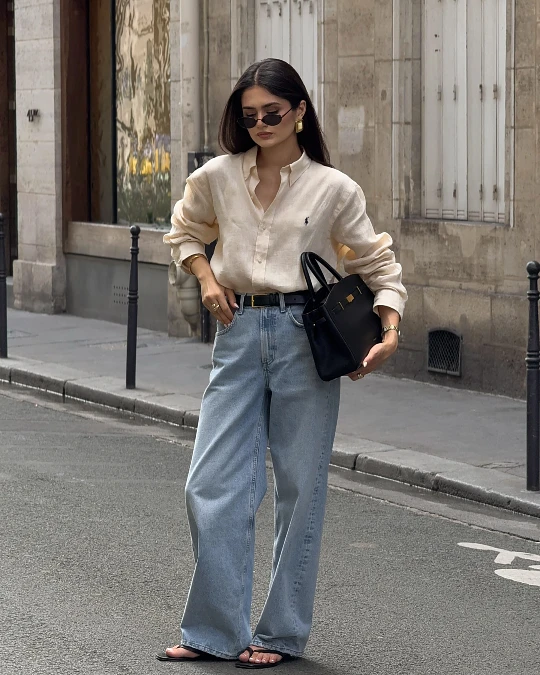 Cream Linen Shirt With Wide Leg Jeans