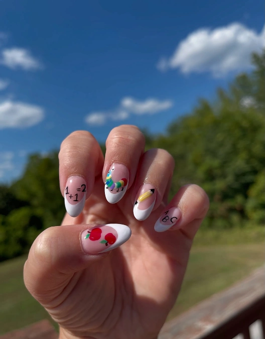 School Icons on White French Tips