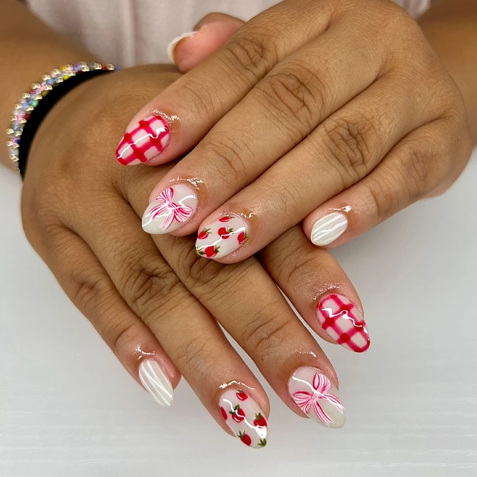 Cherry Gingham and Bow Nails